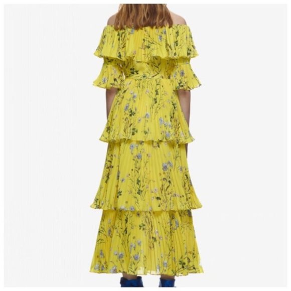 Yellow Floral Layered Off The Shoulder Dress Medium Large - Picture 5 of 7